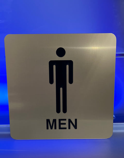 Men's Washroom Sign on Brushed Silver, Raised Lettering (8" x 8")