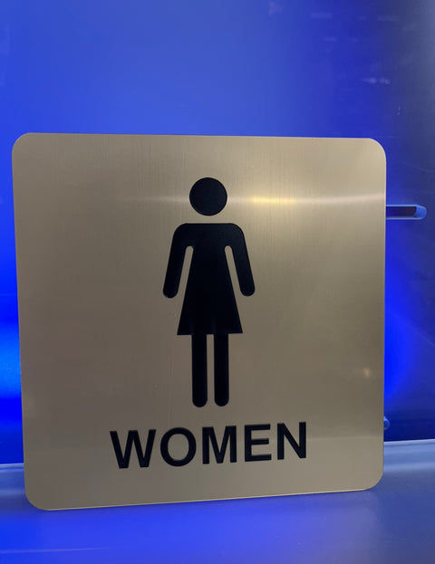 Women's Washroom Sign on Brushed Silver, Raised Lettering (8" x 8")