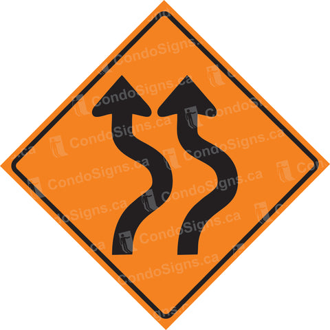 Caution Winding Roadway, Double Arrows on Orange