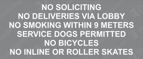 No Soliciting, No Deliveries Via Lobby, Etc. (17" x 7") Decal