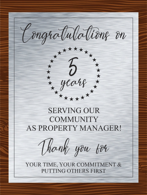 Congratulations on 5 Years (Property Manager Award Plaque)