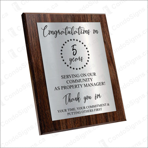 Congratulations on 5 Years (Property Manager Award Plaque)