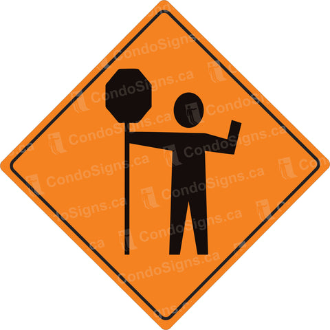 Worker Holding Stop Sign on Orange