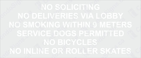 No Soliciting, No Deliveries Via Lobby, Etc. (17" x 7") Decal