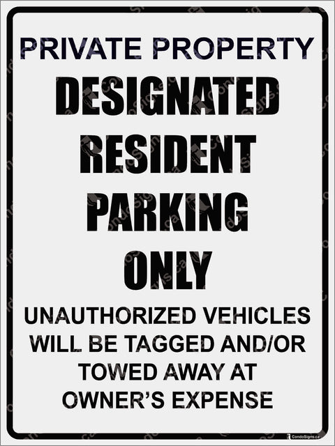 PRIVATE PROPERTY, DESIGNATED RESIDENT PARKING ONLY