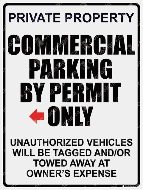 PRIVATE PROPERTY, COMMERCIAL PARKING BY PERMIT ONLY-LEFT ARROW