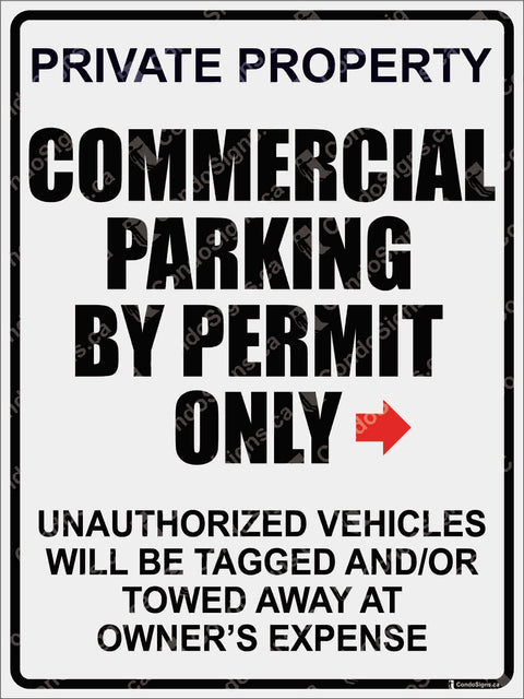 PRIVATE PROPERTY, COMMERCIAL PARKING BY PERMIT ONLY-RIGHT ARROW