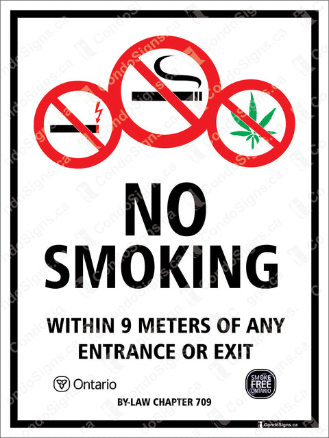 NO SMOKING WITHIN 9 METERS OF ANY ENTRANCE OR EXIT - SMOKE FREE ONTARIO